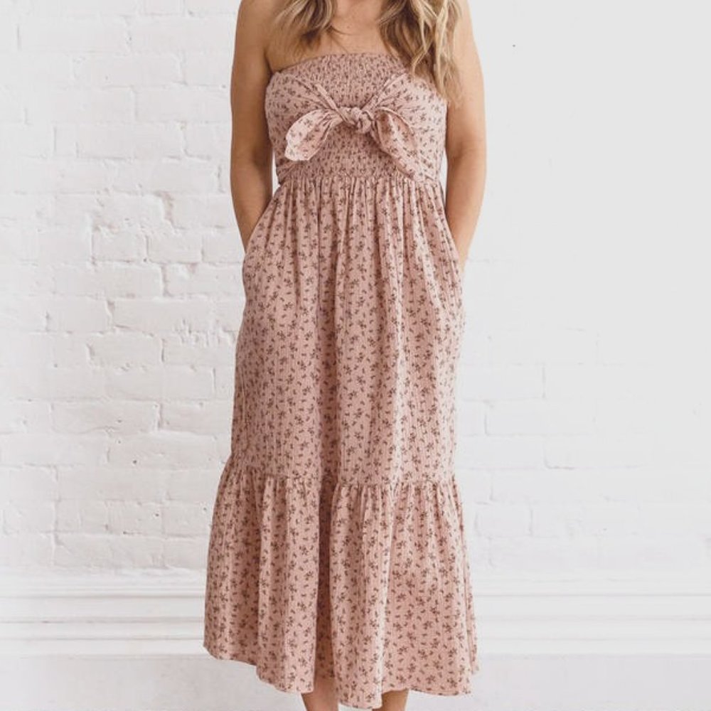 Grade & Gather Front Tie Floral Gauze Dress Rose / M